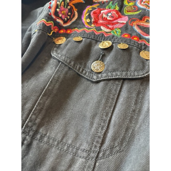 Womens Black Floral Boho Maximalist Dopamine Western Embroidered Denim Coat Sz14 - Picture 9 of 14